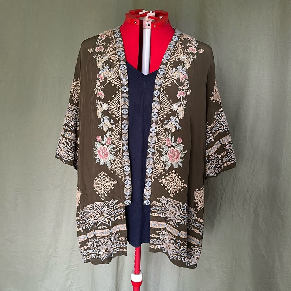 Driftwood Joelle Green Embroidered Open Front Kimono